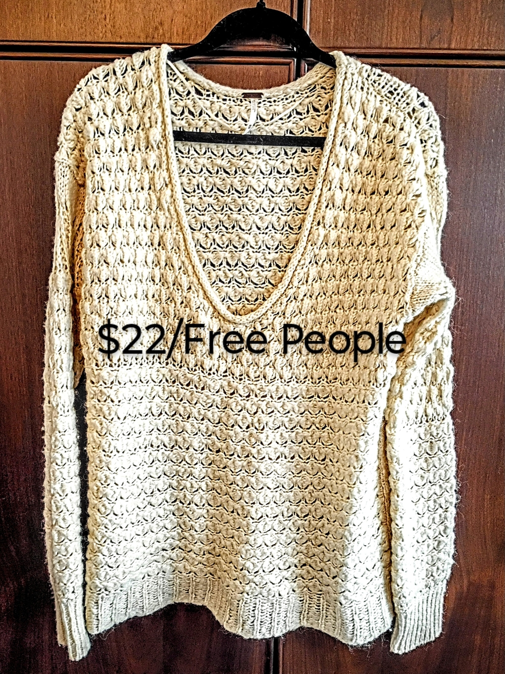 Free People Cream Open-Knit V-Neck Sweater